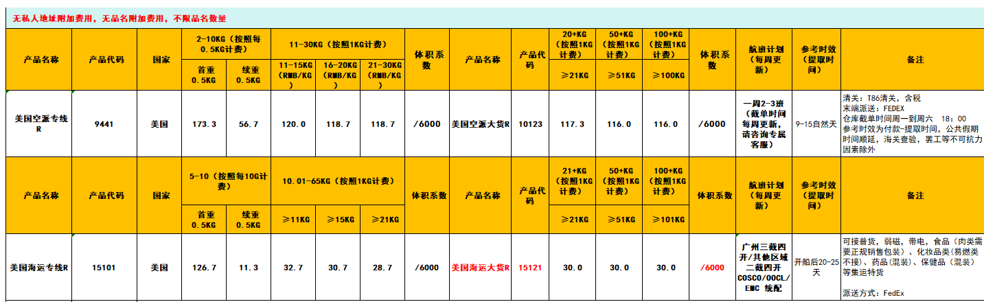 美國R航線運費